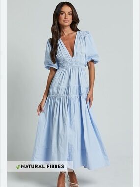 Showpo Light Blue Puff-Sleeve Maxi Dress with V-Neck NWT